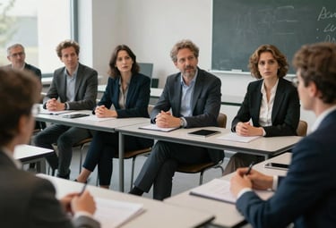 A group of professional adults in an elegant, modern classroom setting in Courbevoie, engaging in a lively discussion. European French context, professional attire, soft natural lighting.