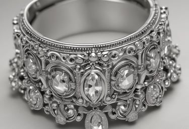 Shimmering silver bangles stacked neatly on a velvet cushion.