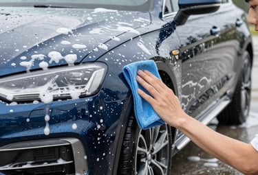 a person washing a black car with a blue rag