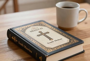 Close-up of a beautifully designed Christian devotional book and a Bible sitting on a light wooden table next to a simple ceramic mug, in a bright South American home setting.