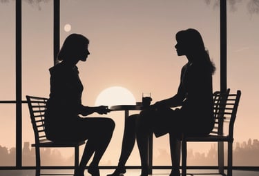 2 people sit together, talking