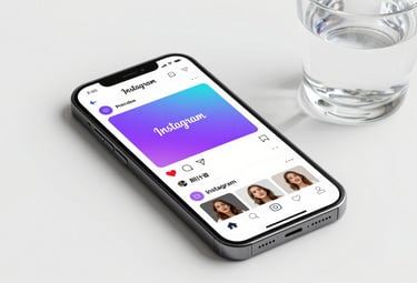 A professionally captured smartphone screen displaying an elegant Instagram feed with purple and cyan branding elements, resting on a clean white surface with a glass of water nearby.