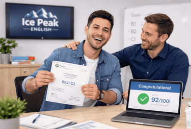 Estudiante celebrando la obtención de su certificación de inglés tras alcanzar su meta académica.