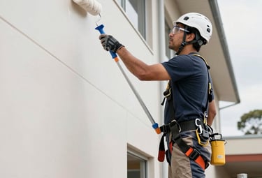 Painter in safety gear spraying industrial wall surfaces with precision.