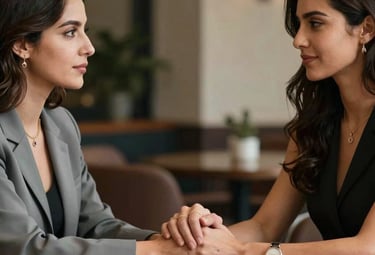 Two Iberoamerican women in elegant attire holding hands across a table, reflecting support and networking in a premium environment.