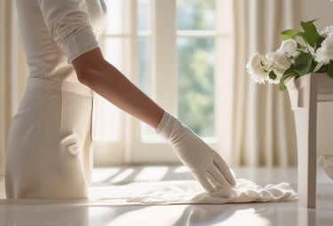 Hands changing fresh white bed linens in a sunlit bedroom with cream decor.