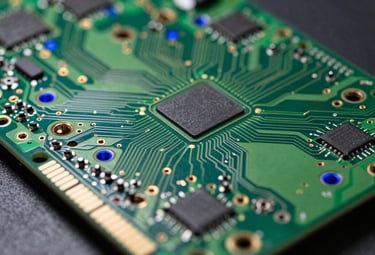 A detailed photograph of a complex multilayer green circuit board with gold-plated contact points, shot from a low angle with vibrant royal blue light accents.