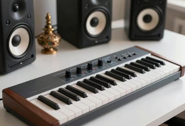 A high-resolution MIDI keyboard and studio monitors on a clean white desk, with a South Asian / Indian decorative element in the background under soft daylight.