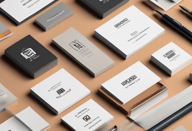 Close-up of glossy business cards and colorful flyers stacked.