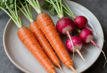 A professional flat-lay photograph of a farm-to-table vegetable plate, featuring heritage carrots and fresh radishes on a matte ceramic plate, soft daylight, European style.
