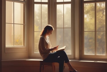 A serene setting with soft lighting, showing a person engaged in a thoughtful video conversation.