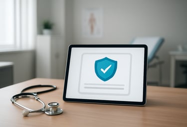 A clean medical office setting in North America showing a digital certificate on a tablet. Soft professional lighting, emphasizing safety and verified healthcare compliance.
