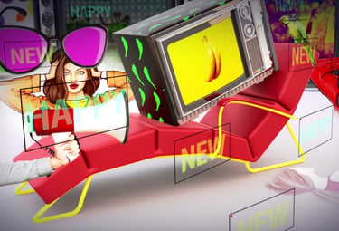 Surreal pop art collage featuring a retro television on a red lounge chair with colorful graphic elements.