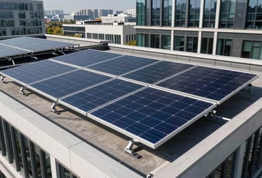 A professional photograph of a bifacial solar module mounted on a rooftop of a contemporary office building in an East Asian city. The composition focuses on the innovative design of the panel, with clear blue skies above.