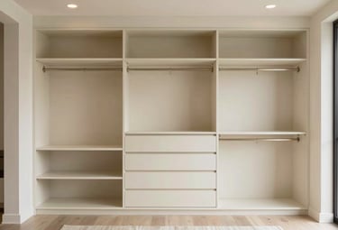 A sophisticated custom closet with ivory finishes and high-end storage solutions in a North American / Miamian residence, bright and airy lighting.