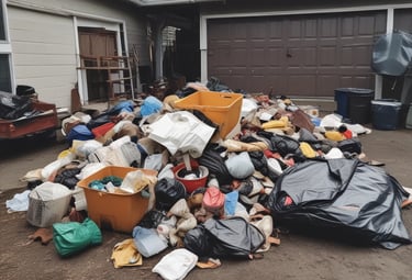 A garage with newly installed shelves and labeled storage bins.
