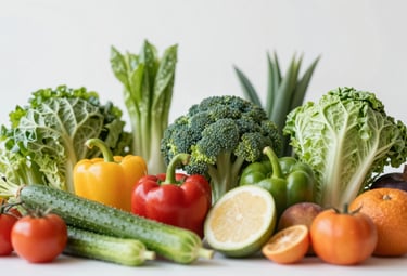 A high-quality, professional studio shot of various fresh vegetables and fruits, arranged neatly. The lighting is bright and clean, emphasizing freshness, with subtle color accents of #8BA89D and #2D5C5A in the styling.