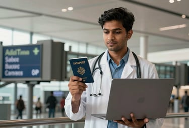A South Asian / Indian student holding a passport and a laptop, standing in front of a modern international airport gate, symbolizing the journey to study medical sciences abroad in Europe or the USA.