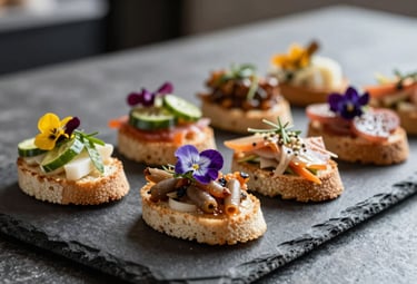Detailed shot of gourmet canapés presented on a slate platter, featuring fresh Mediterranean ingredients and edible flowers. Professional culinary lighting, clean and modern style. European / Português.