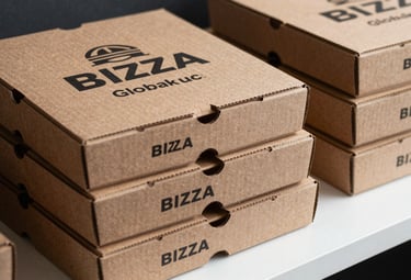 Product photography of high-quality customized cardboard pizza boxes and burger boxes stacked neatly on a white surface, showing off professional branding. Global B2B style.