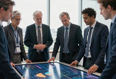 A group of diverse Australian government officials and technology experts collaborating around a modern interactive display showing strategic data insights, in a bright, professional office environment. The composition should convey trust, innovation, and practical implementation. Soft, natural lighting. Realistic, high-resolution photography.
