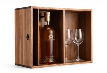 A high-end wooden corporate gift box containing a Pisco Bonett bottle with a logo engraved in gold and two professional glasses on a pure white background, studio lighting.