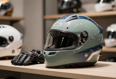 Close-up of a premium racing helmet and leather gloves resting on a minimalist display shelf, sage and midnight blue tones, professional studio lighting, South American / Brazilian luxury store context.