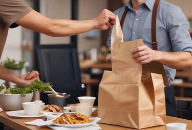 Delivery driver handing over a boxed Indian meal at a cozy home doorstep.