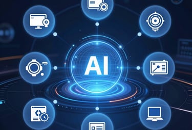 Friendly consultant assisting a small business owner with AI automation setup on a laptop.