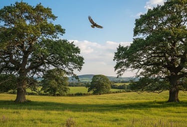 An ai image of a bird of prey flying between trees. 