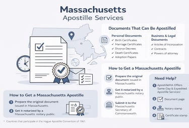 Massachusetts apostille services infographic showing documents eligible for apostille and the step-b
