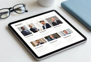 A close-up of a high-end digital tablet displaying a professional media kit on a clean white desk, surrounded by a pair of modern glasses and a soft blue notebook, bright and intelligent lighting.