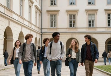 A vibrant photography shot of international students from diverse backgrounds walking through a historic university courtyard in Europe. The scene is bright and professional, featuring off-white stone architecture.