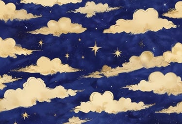 A whimsical night sky wallpaper featuring golden clouds and sparkling stars on a dark blue background.