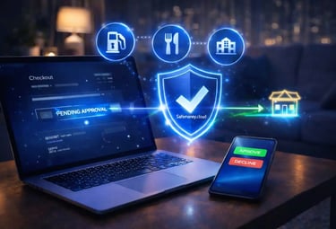 business expenses approved in real time on phone Safemoney.cloud showing fuel hotel restaurant spending protection