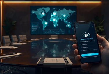 Smart payment authorization on Safemoney.Cloud app with real time security shields and live analysis displayed on office 