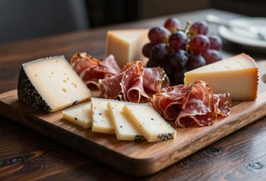 An exquisite charcuterie board on a dark wood table, featuring fine cheeses, cured meats, and dark grapes, photographed with professional culinary lighting in a luxury setting. Palette includes #2C2E2F and #FBF9F4.