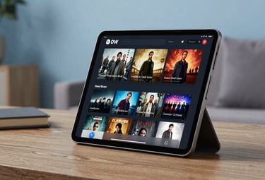 A photograph of a modern tablet sitting on a wooden stand in a North American home. The screen displays a movie streaming app with high-resolution cinematic posters. The setting is a cozy study with soft sky blue and slate grey decor.