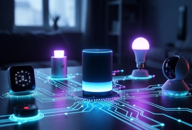 Smart home devices interconnected with glowing blue and purple circuit lines.