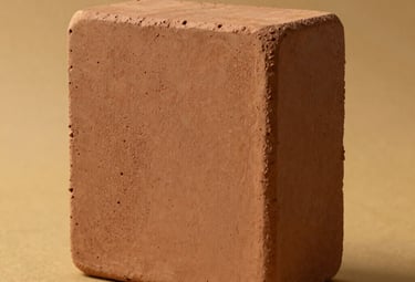 A studio photography shot of a single terracotta clay roster block, highlighting its natural porous texture and warm brown hue against a muted gold background. Soft side lighting.