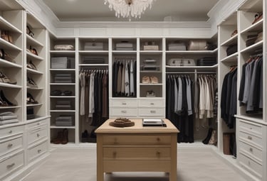 Organized walk-in closet with light wood finishes and soft natural lighting.