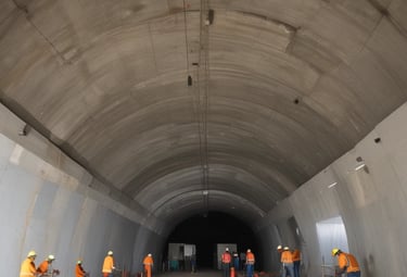 Wide shot of a large-scale infrastructure project with cranes and workers.