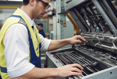 A close-up of hands inspecting a printing machine part with care.