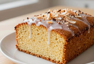 A close-up, high-angle shot of a beautifully sliced, golden-brown cassava cake, showing its moist, tender interior. The cake is topped with a glistening, subtly sweet coconut milk glaze and lightly toasted coconut flakes. It sits on a simple, elegant white plate on a light wooden surface. Soft, diffused natural light from a nearby window creates gentle shadows and highlights the cake's texture. The background is softly out of focus, suggesting a clean, modern North American kitchen setting. The image evokes warmth and deliciousness in a professional culinary photography style.