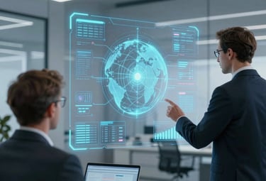 A modern workspace showing a mentor guiding a young entrepreneur with futuristic AI tools on screen.