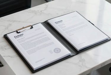 Professional photo representing corporate services: an elegant folder, high-quality documents, and identity paperwork resting on a sleek white marble desk in a bright office environment. Natural light, sophisticated styling.