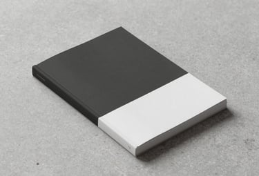 A minimalist artistic photograph of a single hand-bound publication resting on a stone surface, featuring colors #293B37 and #F1F4F2. Elegant, clean composition with soft side lighting.