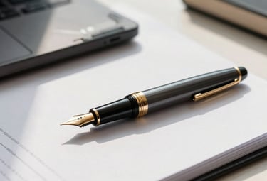 A sophisticated close-up of a high-end fountain pen resting on a leather-bound legal document in a bright, sunlit minimalist office. Soft gold and charcoal black tones. Global / High-end corporate.