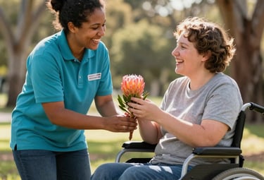 A caregiver gives a flower to a woman in a wheelchair outdoors, highlighting quality disability support services.