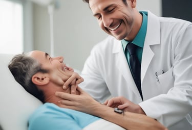 Radiology technician operating an ultrasound machine in a bright clinic room.